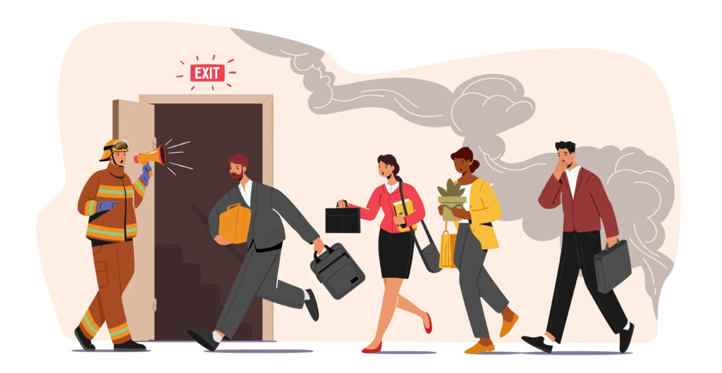 Fireman with Megaphone Announce Fire Emergency Evacuation Alarm. Alert Building Occupant Characters Escape OfficeLe sac d'évacuation - NATUR'O TOP
